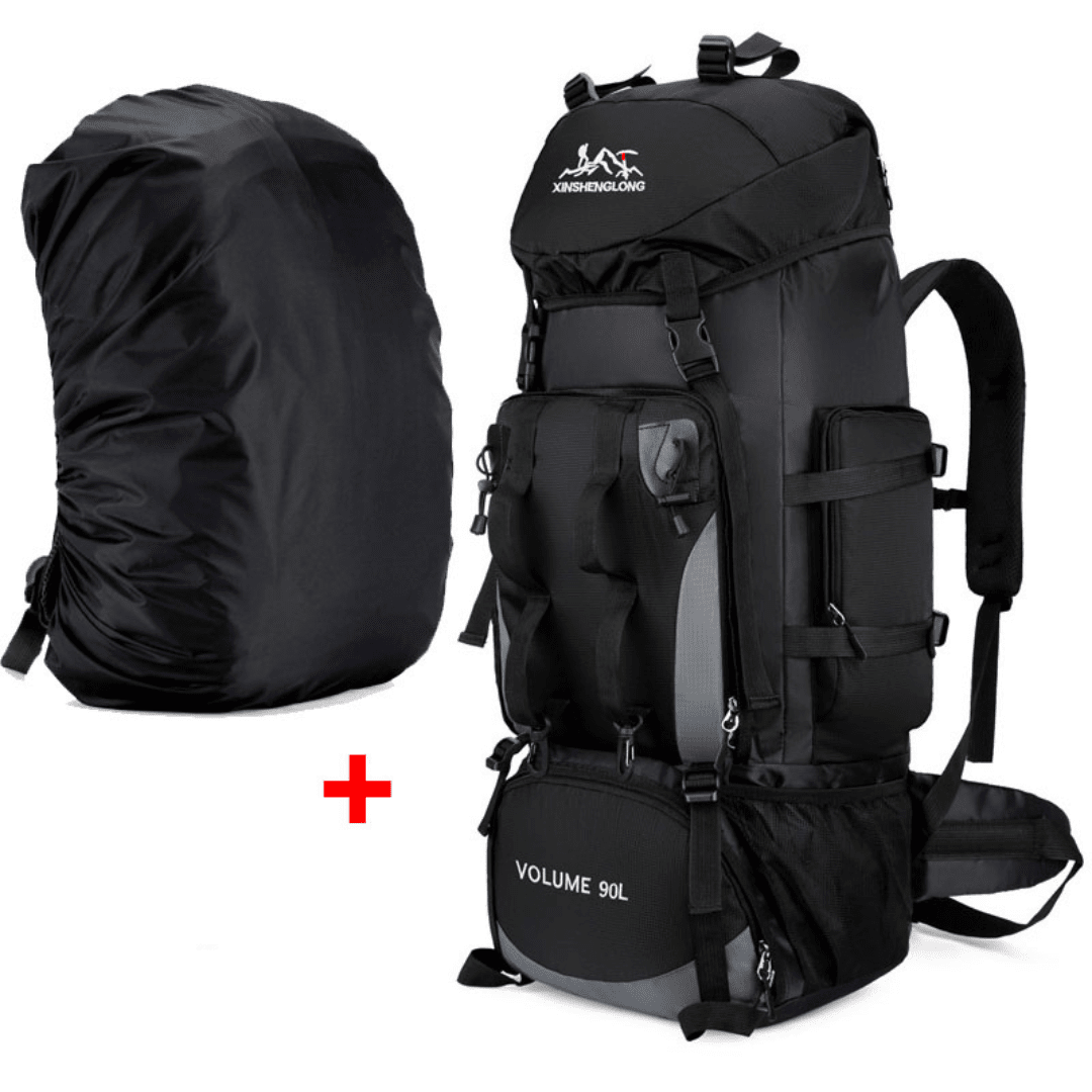 Mochila Escalada 90L - Explorer [Camping - Mochilas e Bags - Mochilas] 04 - Mochila Escalada 90L - Explorer Pescamping Preto + Capa de Chuva China 